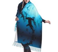 Hnnkloy Requins-marteaux imprimés,Écharpe en imitation cachemire pour femme, grande taille, châle léger à pompons, 196 x 68 cm