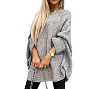 hnomrsk Cape tricotée élégante pour femme, pull d'automne à col rond et manches chauve-souris, pull poncho ample décontracté (gris, S/M)