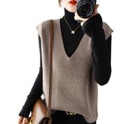 hnomrsk Gilet en Cachemire tricoté, Pull sans Manches à col en V pour Femme, Gilet en Tricot Ample sans Manches (Small,Camel)