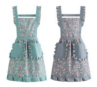 Hnonoxy 2 Pièces Tabliers de Cuisine pour Femmes, Tablier de Chef Cuisinier Vintage avec 2 Poches, Tabliers à Fleurs, Tablier Menage Femme pour la Cuisine, la Pâtisserie et le Jardinage, Vert+Gris
