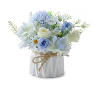 Hnonoxy Rose Fleur Artificielle Table Decoration, Bleu Clair Roses Bouquet avec Vase pour Deco Chemin de Table Fausse Flowers pour Décoration Salon Maison Anniversaire Fête Balcon Bureau