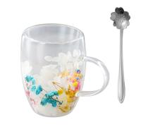 Hnonoxy Tasse a Cafe Double Paroi avec Poignées, 350ml Tasses avec Fleurs Séchées, Tasse Cappuccino, Verre Latte Macchiato, Tasses à Thé Isolées, Cadeaux de Maman, Tasse Expresso Double Paroi (Pink)