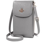 HNOOM Sac Téléphone Portable Femme Portefeuille en Cuir Véritable Petit Sac à Bandoulière Sac à Main Portefeuille avec 7 Porte Carte, Pochette Portefeuille Telephone avec Bandoulière Réglable (Gris)