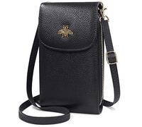 HNOOM Sac Téléphone Portable Femme Portefeuille en Cuir Véritable Petit Sac à Bandoulière Sac à Main Portefeuille avec 8 Porte Carte, Pochette Portefeuille Telephone avec Bandoulière Réglable, Noir,