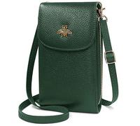 HNOOM Sac Téléphone Portable Femme Portefeuille en Cuir Véritable Petit Sac à Bandoulière Sac à Main Portefeuille avec 7 Porte Carte, Pochette Portefeuille Telephone avec Bandoulière Réglable (Vert)