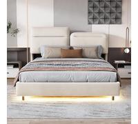 HNOUER Lit double rembourré, 140 x 200 cm, avec éclairage LED et espace de rangement hydraulique, cadre de lit en velours, avec tête de lit pliable et sommier à lattes, lits fonctionnels, sans matelas