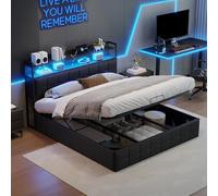 HNOUER Lit tapissé 140x190 cm avec LED et Chargeur USB, Cadre de lit Double 140x190 avec sommier à Lattes et rangements, lit Fonctionnel, sans Matelas (Noir)