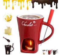 HNTKGME Fondue Chocolat, Tasse Fondue Chocolat avec Fourchette Et Bougie Chauffe-Plat, Tasses à Fondue avec Bougie Chauffe-Plat, Multifunctional Mini Ceramic Mug Fondue Chocolat Cheese & Butter (Red)