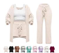 HNTKGME Plush Cozy, Plush Cozy Lounge Wear, Plush Cozy Knit Set, Plush Cozy Pajamas 4 Piece, Get Softy Pajama Set (Beige,S)
