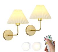 HNVBDOPAE Appliques Murales Sans Fil À Col de Cygne, Lot de Deux, Télécommande Led, Abat-Jour Blanc Plissé, Lampe de Chevet Rechargeable Pour Chambre À Coucher, Tête de Lit, Salon/Nuance Or + Blanc