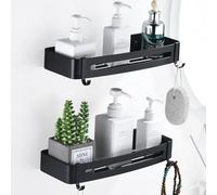 HNVNER Etagere Douche Noir Lot de 2, Étagère Rangement Douche avec 4 Crochets Etagere Salle de Bain sans Percage Serviteur de Douche en Métal pour Shampooing, Antirouille