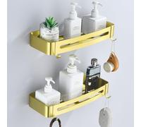 HNVNER Etagere Douche Or Brossé en Métal Lot de 2, Étagère Salle de Bain avec Crochets Rangement Douche pour Shampooing Serviteur de Douche sans Percage, Antirouille
