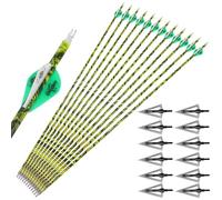 HNZMDY Flèches de Chasse en Carbone de 30 Pouces, Arbres camouflés rigidité 500 pour Arc Compound et Arc recourbé, Lot de 12 flèches de tir à l’Arc avec 6/12 Pointes remplaçables (Camouflage Jaune)