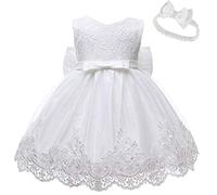 Ho Mall Bébé Fille Robe Demoiselle d'honneur Fête sans Manches Blanc Dentelle Robe d'anniversaire Princesse Bowknot Filles Tutu Robe Baptême Mariage Pageant 0-24 Mois (Blanc, 6 M (3-6 Mois))