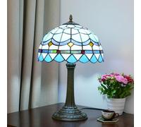 Hobaca Tiffany Vitrail Lampe de Table Bleu Plume Méditerranéenne Couleur Chaude Invité Restaurant Bar Lampe Étude Chambre Lampe De Chevet