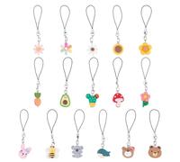 HOBBIESAY 16 Styles Mignon Résine Téléphone Breloques Sangle 8.5-9cm Ours Lapin Koala Champignon Abeille Fleur Téléphone Pendentifs pour Porte Clés Décoration