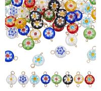 HOBBIESAY 48Pcs 8 Styles Breloque en Verre de Murano 8 couleurs Millefiori Connecteurs en Verre Breloque en Verre Soufflé Florales Rondes Plates pour la Fabrication Bijoux Décorations Trou:2.5mm