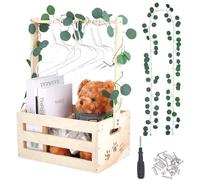 HOBBIESAY Boîte de douche en bois pour bébé - Armoire - Avec poignée - Mini boîte de rangement - Panier à linge avec 6 crochets de suspension - Motif : feuilles, vigne et patte - Cadeau de bienvenue
