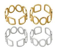 HOBBIESAY Lot de 4 bagues géométriques ouvertes, dorées, argentées, en acier inoxydable, empilables, avec cercle creux, carré, bohème, pouce, pour décoration de fête pour femmes