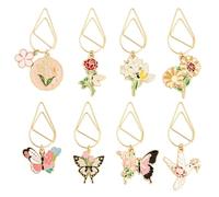 HOBBIESAY Lot de 8 trombones en métal en forme de fleurs - Jolis marque-pages avec émail - Fleurs et papillons - Cadeau pour les amateurs de livres - Marque-page - Articles de papeterie - École