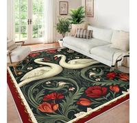 HOBBOY Lavable 160x230cm Tapis de Salon Tapis Cygne et Fleuris pour Salle à Manger sous la Table Moquette à Poils Bas Fleur Rouge Vintage Motifs Animaux
