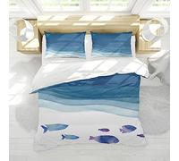 HOBBOY Modern 3pc Bedding Set Blue Sea & Fish Pattern Housse de Couette imprimée avec Fermeture à glissière 4 Corner Ties 2 Taies d’Oreiller Pas de draps 260x240 cm