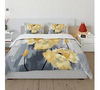 HOBBOY Moderne Chic 3 pc Ensemble de Literie Jaune Motif Floral Housse de Couette Gris Housse de Couette avec Fermeture Éclair 4 Cravates 2 Taie d'oreiller Pas de Feuilles 220x240 cm