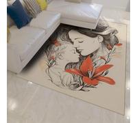 HOBBOY Tapis de Chambre Red Lily 60 x 100 cm Maman et Fils dans Flora Embrace Motifs Tapis Style Croquis Paillasson à Poils Bas Hommage Romantique pour la fête des mères