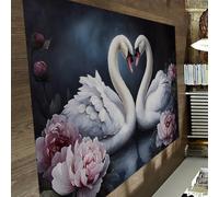 HOBBOY Tapis de Mariage romantiques 240 x 300 cm - Cygnes élégants Formant Un Motif en Forme de cœur Moquette à Poils Bas Chambre Salon Art Chic en pivoines Roses