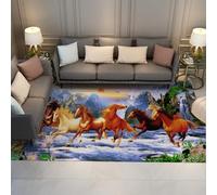 HOBBOY Tapis de Style Oriental 80 x 150 cm Lever de Soleil Vue sur la Montagne Lotus et Chevaux en Course Imprimer Tapis à Poils Ras Lavable pour Le Salon Salle de conférence
