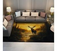 HOBBOY Tapis lavables Sunset River 150 x 210 cmMoose majestueux dans Une forêt enchantée imprimé Moose antidérapant à Poil Bas pour la décoration du Sol du Salon et du Chalet
