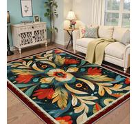 HOBBOY Tapis pour Salon 60x120cm Motif Fleur Moderne du Milieu du siècle avec Motif de Feuilles et Plumes Tapis Abstrait Lavable Fin pour la Chambre et la Salle à Manger Bordure Rouge