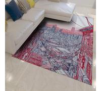 HOBBOY Tapis Quartier Urbain 60 x 100 cm Croquis Rouge et Bleu Moquette Street View pour Cuisine Salon Modern Urban Line Art Tapis Sol antidérapant Fin