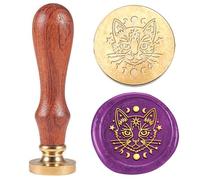 Hobbspring 1 cachet de cire au motif de chat, vintage, étoile, lune, 25 mm, tête en laiton amovible, avec poignée en bois, pour invitations d'enveloppes, emballage cadeau de Thanksgiving