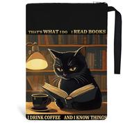Hobbspring 1 housse de livre de poche avec fermeture éclair et poche avant, motif chat noir, 34 x 24 cm, Je lis un livre, je bois du café cadeau pour étudiants, enseignants et amateurs de lecture