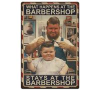 Hobbspring 1 plaque en métal vintage 20 x 30 cm - Panneau rétro pour coiffeur - Inscription « What Happens At The Barbershop Stays At The Barbershop » - Poster pour cuisine, bureau, café, pub, maison