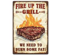 Hobbspring 1 plaque en tôle vintage en métal - 20 x 30 cm - Plaque humoristique pour barbecue Fire Up The Grill We Need To Burn Some Fat Poster pour cuisine, salle à manger, restaurant, bar,