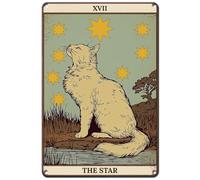 Hobbspring Cartes de tarot de chat blanc Plaque en métal en fer Décoration murale Art Salon Jardin Extérieur Clubs Librairie Drôle Animal Décoration murale Étoiles dorées 20 x 30 cm 1 pièce