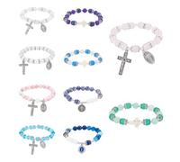 Hobbspring Lot de 10 bracelets chapelet en perles - 10 styles - Médaille miraculeuse - Bracelet extensible catholique avec crucifix - Pour femme, homme, couple, église, cadeau de baptême, Pierre