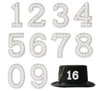 Hobbspring Lot de 10 patchs à broder - Avec perles et strass - À repasser - 0 à 9 chiffres - Blanc - Pour chemises, vêtements, bricolage, décoration
