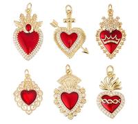 Hobbspring Lot de 6 pendentifs en forme de cœur gothique rouge - 6 styles - Laiton plaqué or 18 carats - Oxyde de zirconium - Pendentif cœur sacré - Pendentif mexicain - Avec anneau de flexion - Pour