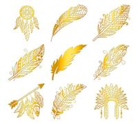 Hobbspring Lot de 9 autocollants dorés - 4 cm x 4 cm - Plume - Décoration en métal - Style bohème - Attrape-rêves - Décoration imperméable - Pour scrapbooking, bricolage, résine - Bouteille de