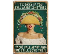 Hobbspring Tucker Cute Lady Plaque en tôle décorative 30 cm x 20 cm TACOS FALL APART AND WE STILL LOVE THÈME Plaques en métal pour restaurants, cuisines, bars, épiceries, balcons, décoration murale, 1