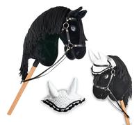 Hobby Horse A3 Frison Noir Ensemble Complet avec Filet, rênes, Mors et Bonnet Blanc. Cheval bâton Noir Frison