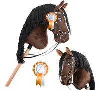 Hobby Horse Bai Marron crins Noirs. Cheval bâton Complet avec Filet, Mors, rêne et Flot. Tête de Cheval bâton pour Hobby Horsing Enfants et Adolescents
