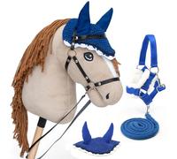 Hobby Horse Beige A3, Cheval bâton Complet avec Filet, Mors, rêne, Licol et Bonnet Anti-Insectes Bleu. Tête de Cheval bâton pour Hobby Horsing Enfants et Adolescents