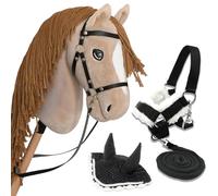 Hobby Horse Beige A3, Cheval bâton Complet avec Filet, Mors, rêne, Licol et Bonnet Anti-Insectes Noir Et Blanc. Tête de Cheval bâton pour Hobby Horsing Enfants et Adolescents