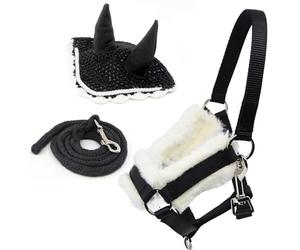 Hobby Horse Ensemble d'accessoires Licol moumoute Noir avec Longe et Bonnet Anti-Insectes Noir ET Blanc pour activité de Hobby Horsing. pour Hobby Horse Taille A4 et A3
