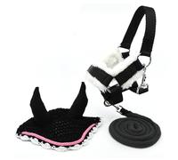 Hobby Horse Ensemble d'accessoires Licol moumoute Noir avec Longe et Bonnet Anti-Insectes Noir et Rose pour activité de Hobby Horsing. pour Hobby Horse Taille A4 et A3