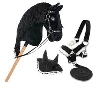 Hobby Horse Frison Noir, Cheval bâton Complet avec Filet, Mors, rêne, Licol et Bonnet Anti-Insectes. Tête de Cheval bâton pour Hobby Horsing Enfants et Adolescents
